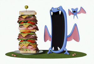 a 3d render of a golbat and zubat with a very tall sandwich, approximately equivalent in height to golbat's very tall mouth.